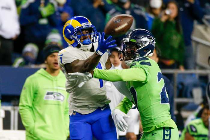Seattle Seahawks defensive back Marquise Blair (27) breaks up a pass intended for Los Angeles Rams wide receiver DeSean Jackson (1) during the fourth quarter at Lumen Field.